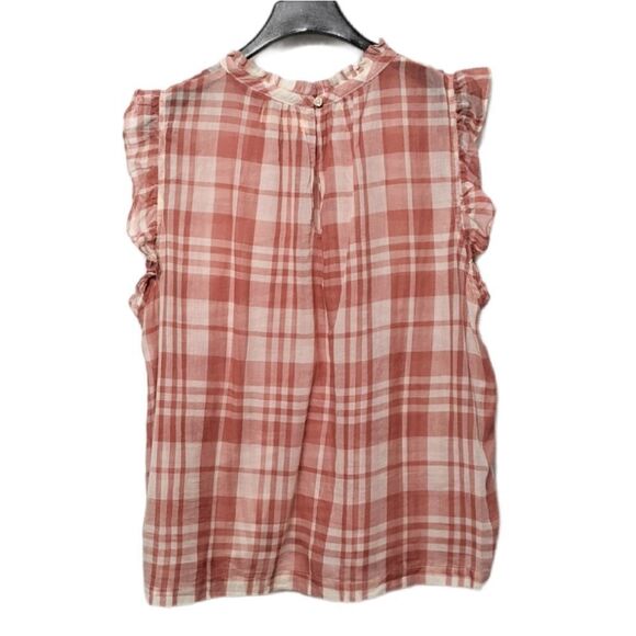 Anthropologie Pink Plaid Ruffle Sleeve Top - Picture 4 of 5